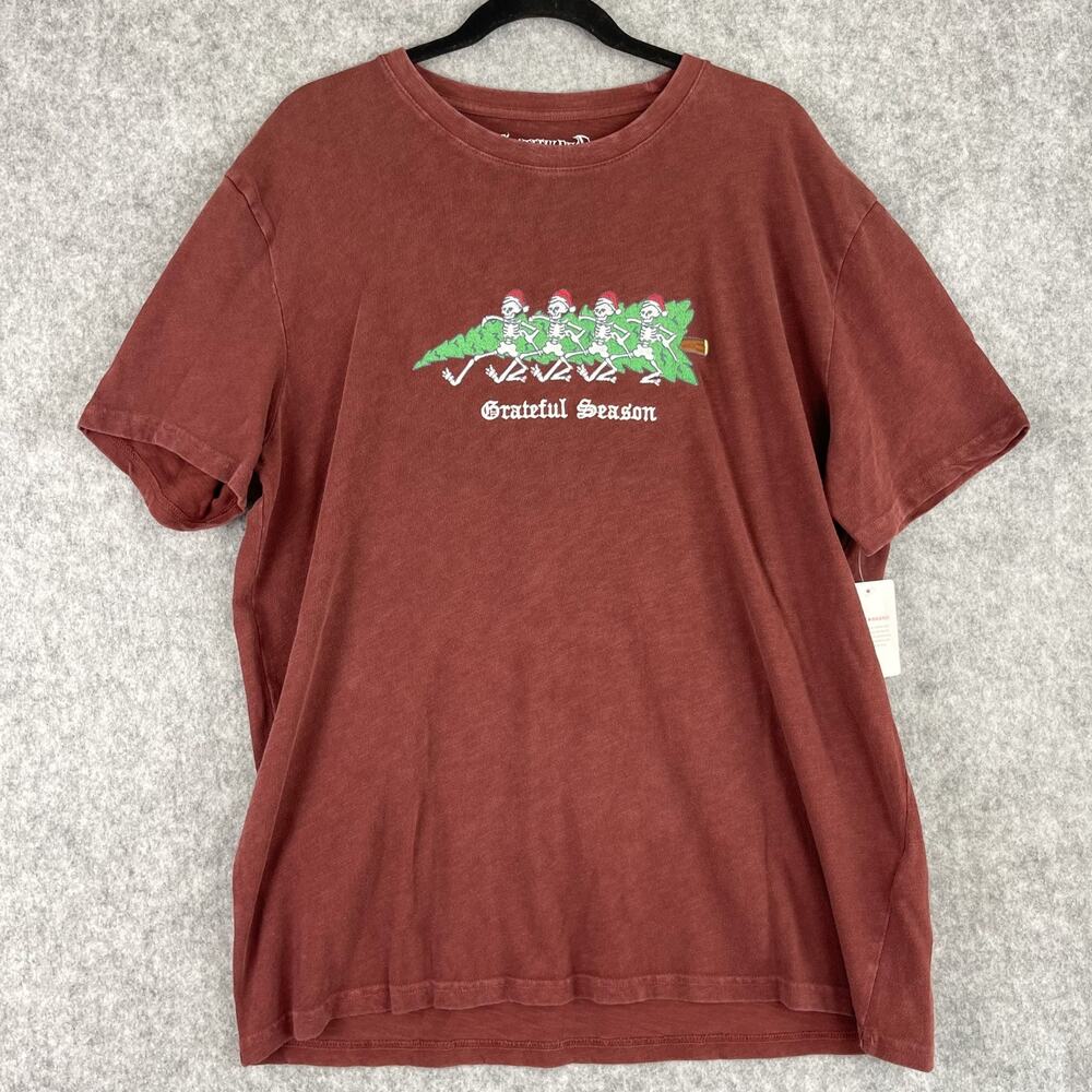 Lucky Brand Grateful Dead Tree T Shirt‎ Mens XL Red Embroidery Christmas NWT